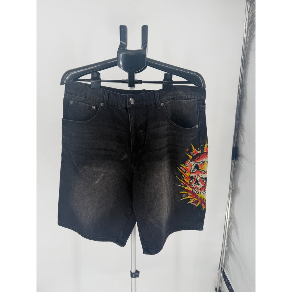 Ed Hardy Denim Shorts Mens 34 Black Excellent Embroidered Skull Y2K EHD9002-1